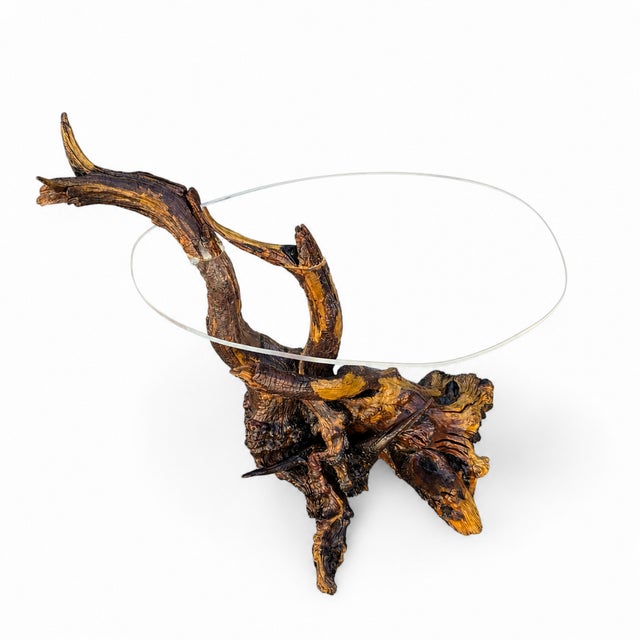 Chestnut Vintage Organic Modern Driftwood Side Table With Acrylic Top, Mid-Century For Sale - Image 8 of 18