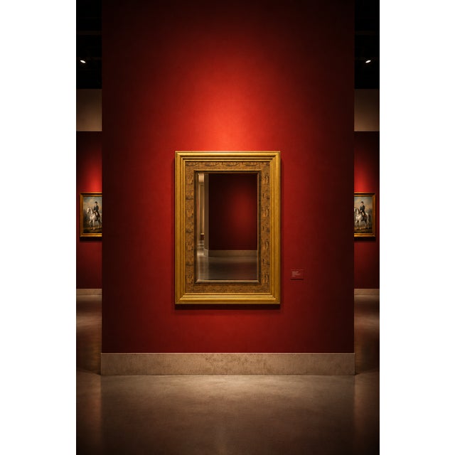 Ornate giltwood-style wall mirror with an Egyptian Revival inspired design. The rectangular frame features a wide gold-...