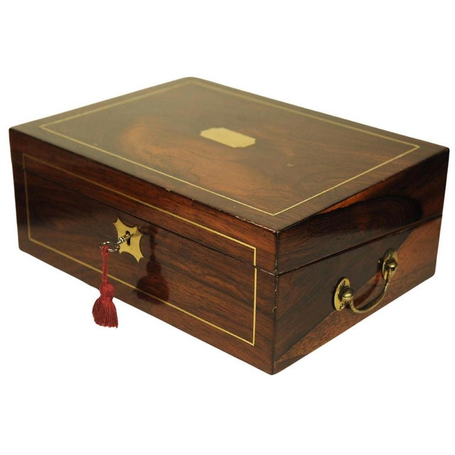 Elegant Antique Victorian Rosewood Ladies Writing Slope with Inlaid Brass & Red Leather Interior with Brass Swing Carry...