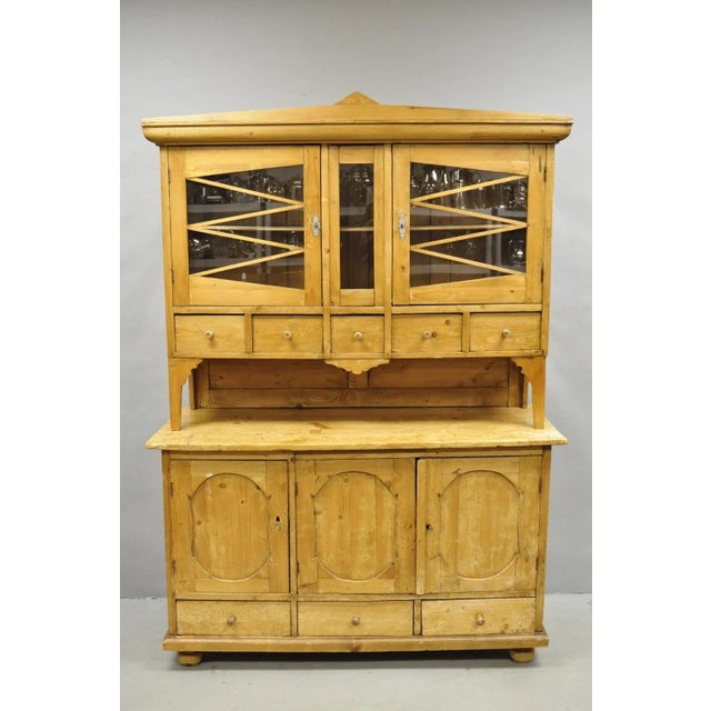 Antique French Country Provincial Pine Wood Buffet Cupboard China Cabinet Hutch. Item features solid wood 2 part...