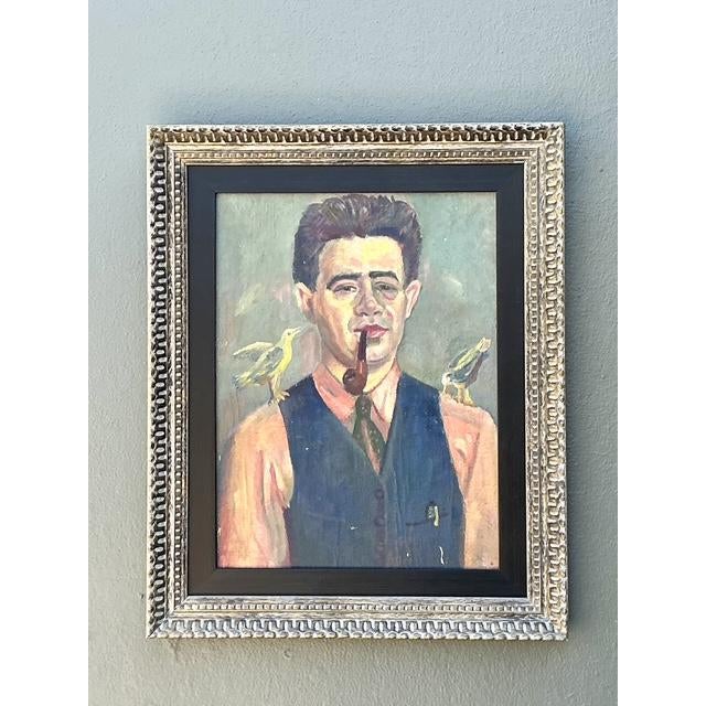 Vintage Original Oil Portrait of Man With Birds For Sale - Image 10 of 12