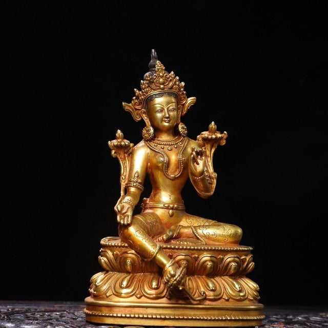 Vintage Gilt Bronze Green Tara Statue Buddhist Deity Sculpture 8.3" For Sale In Los Angeles - Image 6 of 9