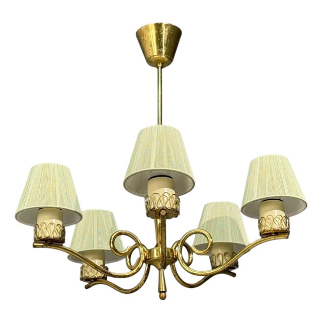 Danish Modern, Chandelier, Patinated Brass, Denmark, 1950s For Sale