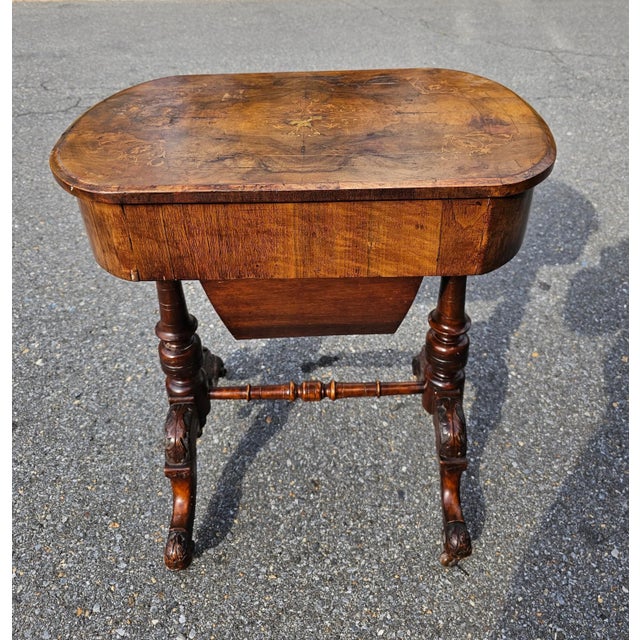 19th Century Victorian Marquetry Burl Walnut Sewing Table For Sale - Image 10 of 11