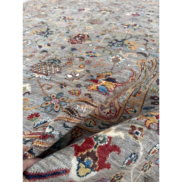 Textile Chobi Area Rug, Hand-Knotted Wool, Allover Floral, 9x12, Silver & Camel For Sale - Image 7 of 11