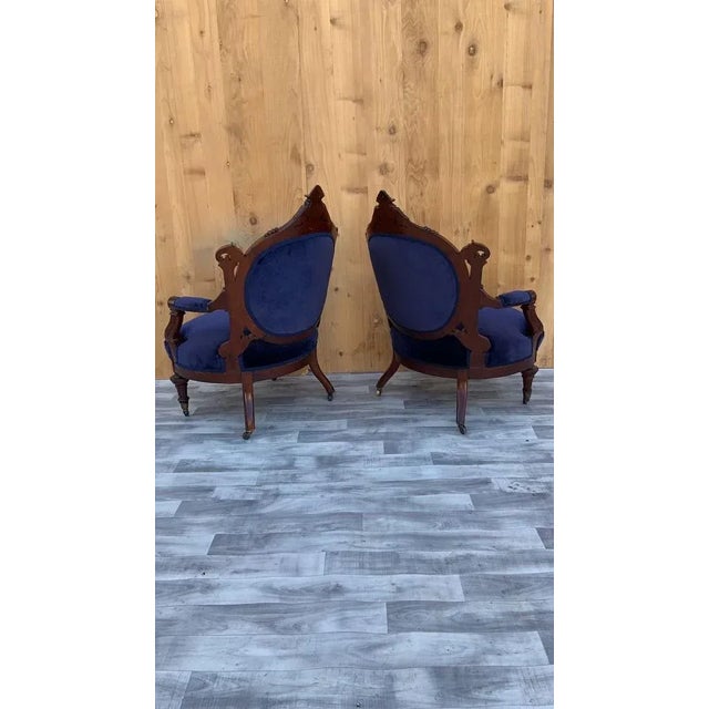 Antique Victorian Eastlake Carved His/Her Tufted Chairs Newly Reupholstered in Blue Velvet - Pair For Sale - Image 4 of 13