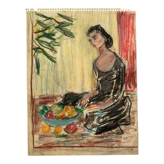 Alexandra Merker Pastel of Lady With Fruit Still Life For Sale