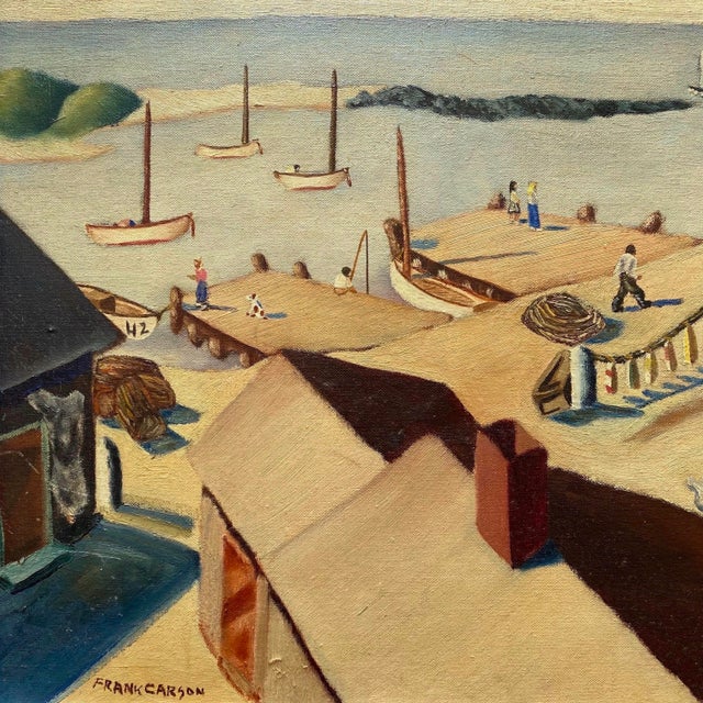 1940s Frank Carson Vintage 1942 Modernist " Provincetown Bay Beach, Waterfront Seascape " Framed Original Signed Post-Impressionist Oil Painting For Sale - Image 5 of 16