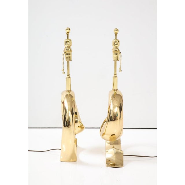 Metal Pair of Polished Brass Pierre Cardin Logo Lamps by Erwin Lambeth For Sale - Image 7 of 10