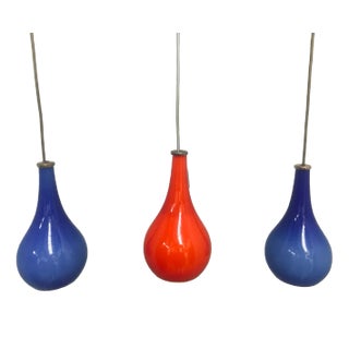 Blue and Red Double-Layered Glass Ceiling Lights, 1970s, Set of 3 For Sale