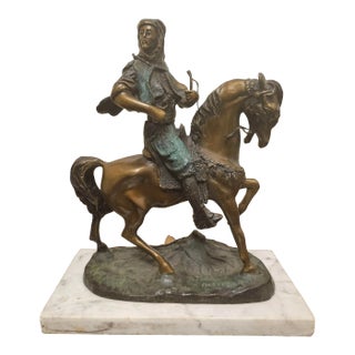 A Barye & Emile Guilemin Patinated Verdigris Bronze Arab Hunter on Horseback For Sale