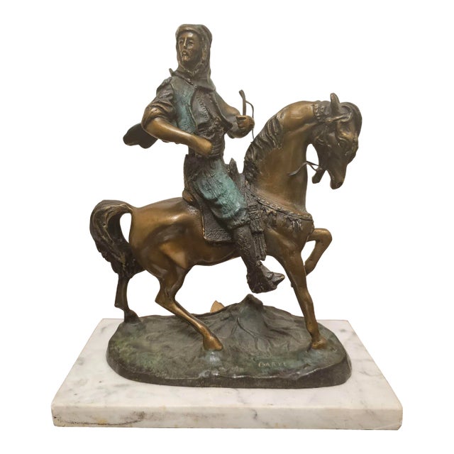A Barye & Emile Guilemin Patinated Verdigris Bronze Arab Hunter on Horseback For Sale