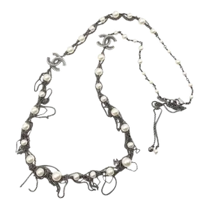 Chanel Gunmetal Pearl Dangling Chain Long Necklace
