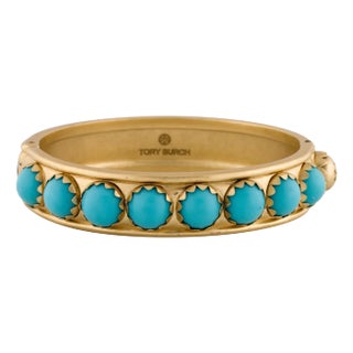 Tory Burch Bracelet Bangle Cuff Turquoise Color Gold Plated Hinged Opens For Sale