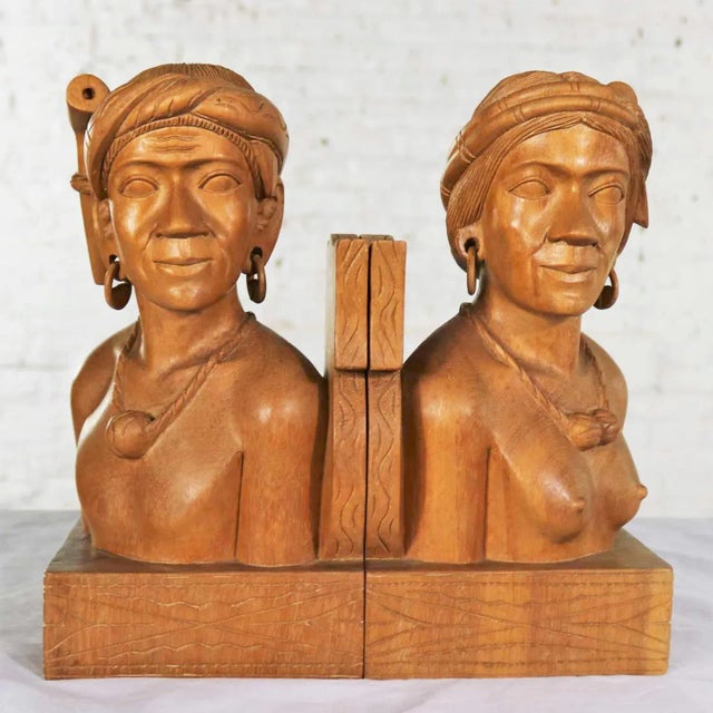 Vintage Tribal Figural Bookends Male and Female Hand Carved Wood- A Pair For Sale - Image 13 of 13