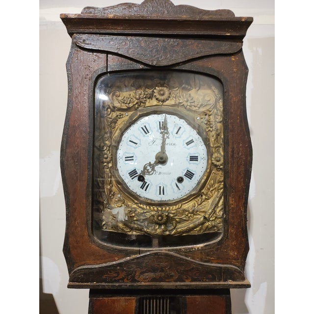 19th Century French Provincial Comtoise Tall Case Clock With Brass Repoussé Dial & Lyre Pendulum For Sale In New Orleans - Image 6 of 8