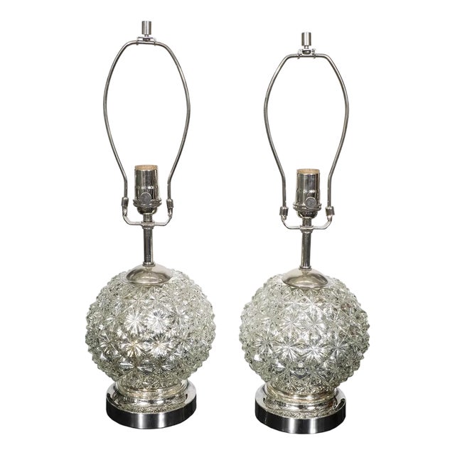 Pair of diamond patterned spherical mercury glass lamps For Sale