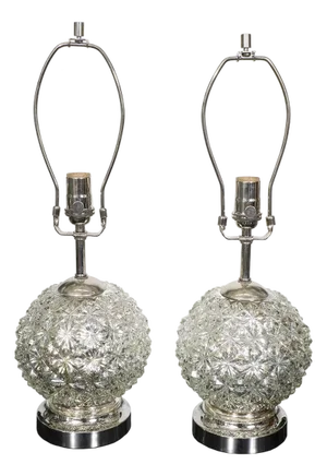 Pair of diamond patterned spherical mercury glass lamps