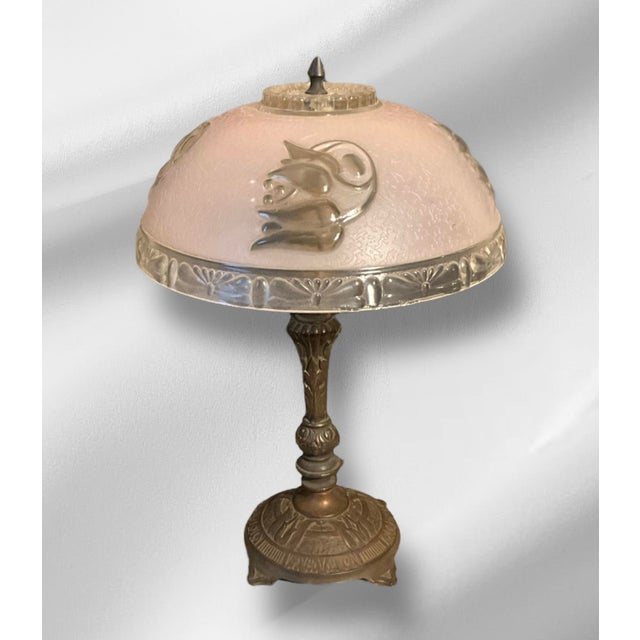 Brass Table Lamp With Textured Glass Tulip Shade For Sale - Image 4 of 7