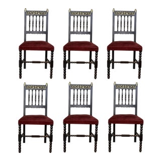 19th Set of Six Spanish Chairs With Bronze Details and Red Velvet Upholstery For Sale