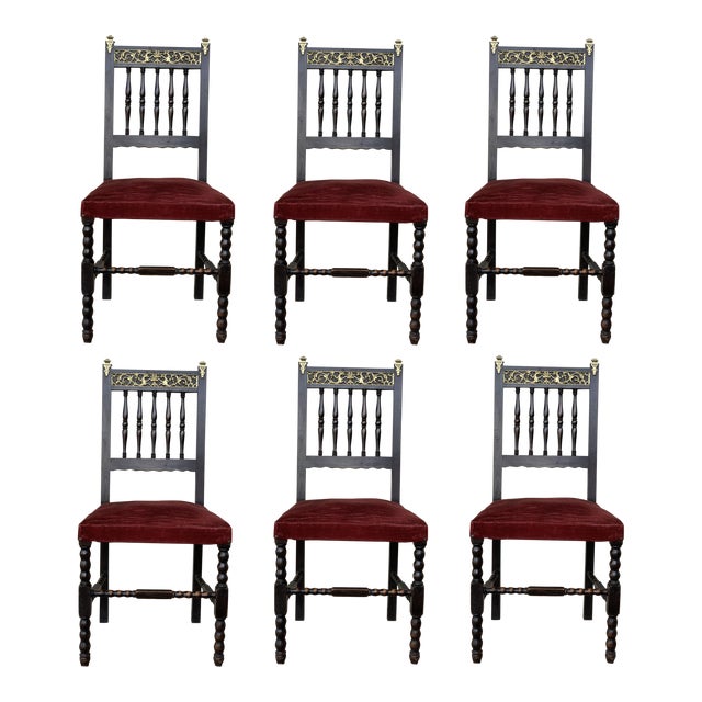 19th Set of Six Spanish Chairs With Bronze Details and Red Velvet Upholstery For Sale