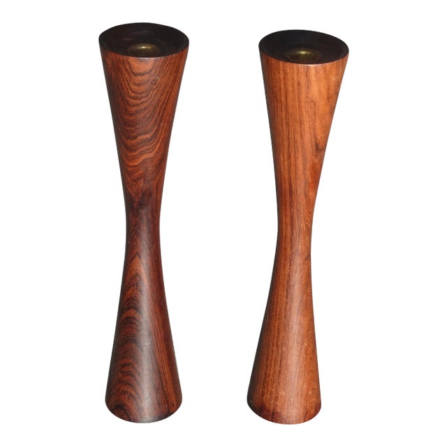Vintage Danish Modern Style Brown Walnut Candle Holders - a Pair For Sale