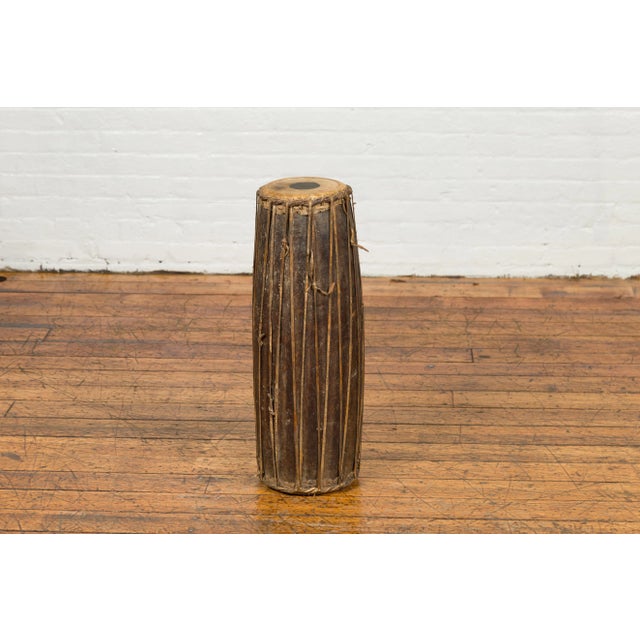 Mid 19th Century Antique Indonesian Slender Freestanding Wooden Drum with Leather Drumhead For Sale In New York - Image 6 of 10