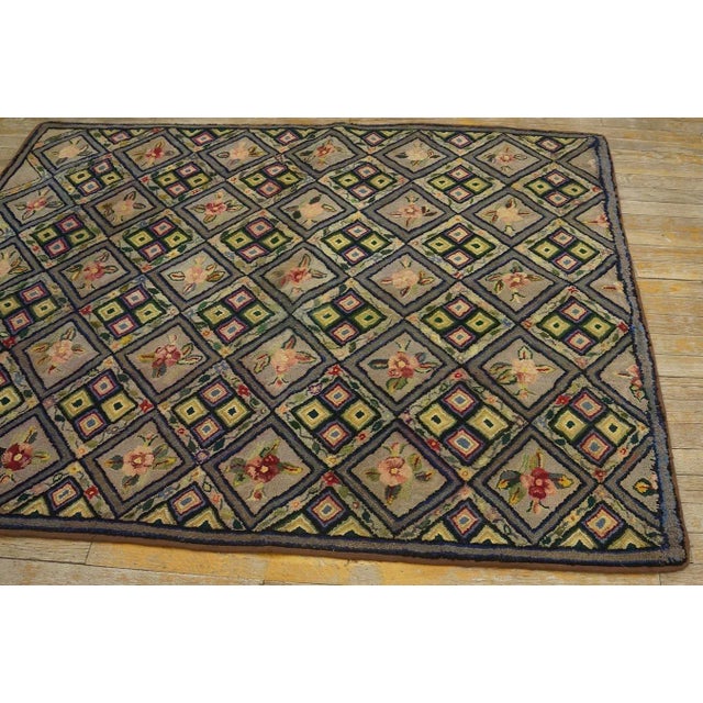 1920s Gray Geometric Folk Art Antique American Hooked Rug 4'2" X 5'6" Woven Wool Carpet For Sale - Image 4 of 12