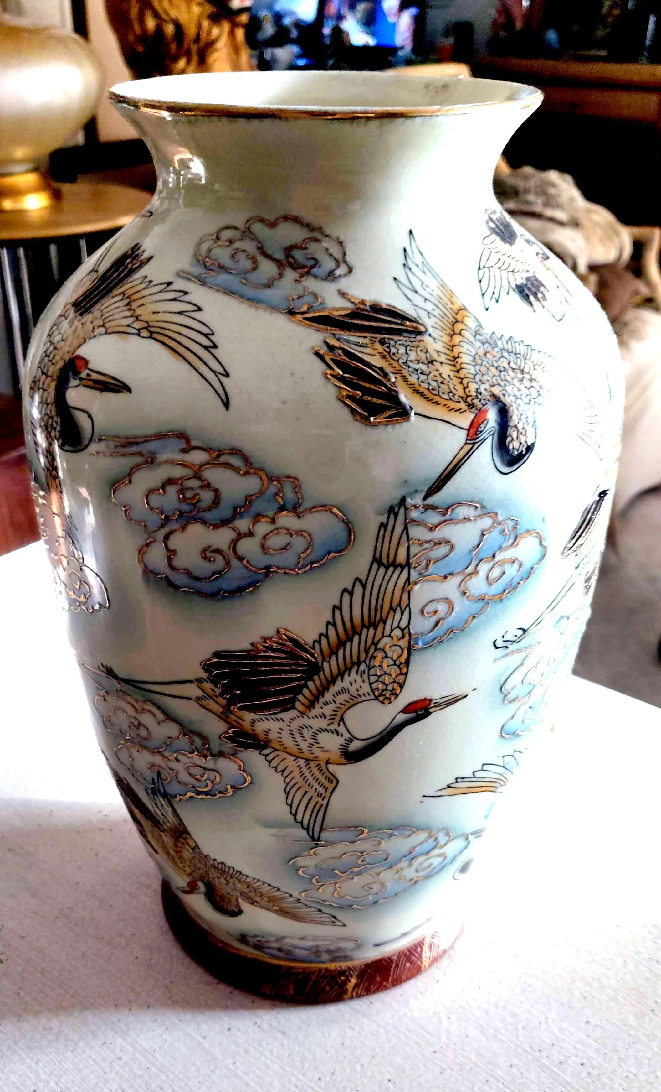 Chinese Famille Rose Polychrome Freehand Raised Cranes & Clouds