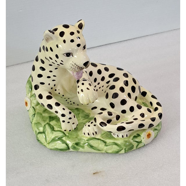 Vintage Jeanne Reed’s Hand-Painted Porcelain Reclining Leopard Figurine With Floral Base For Sale - Image 4 of 12