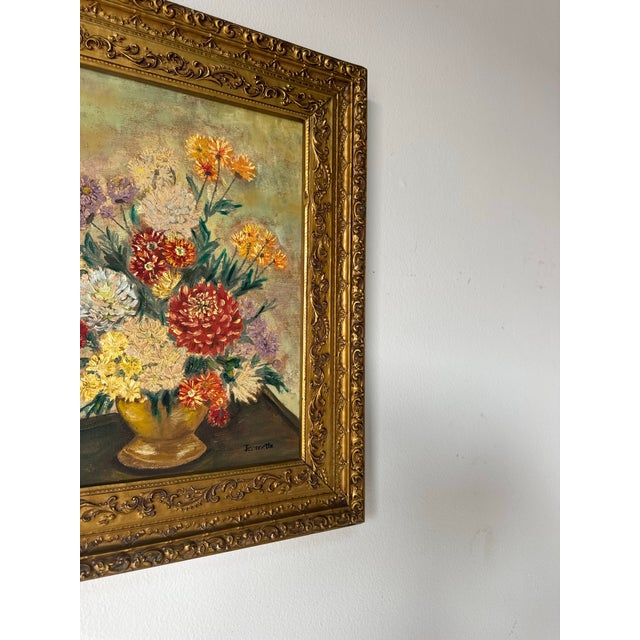 1970s Vintage Jeannette Floral Still Life Oil on Canvas Painting, Gilt Framed For Sale - Image 10 of 12