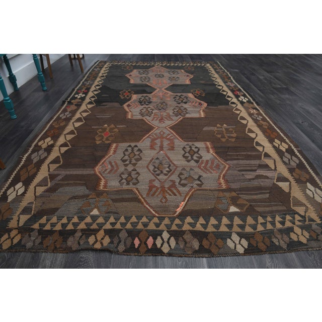1970s 1970s Vintage Turkish Handmade Wool Cotton Brown Runner Rug For Sale - Image 5 of 11