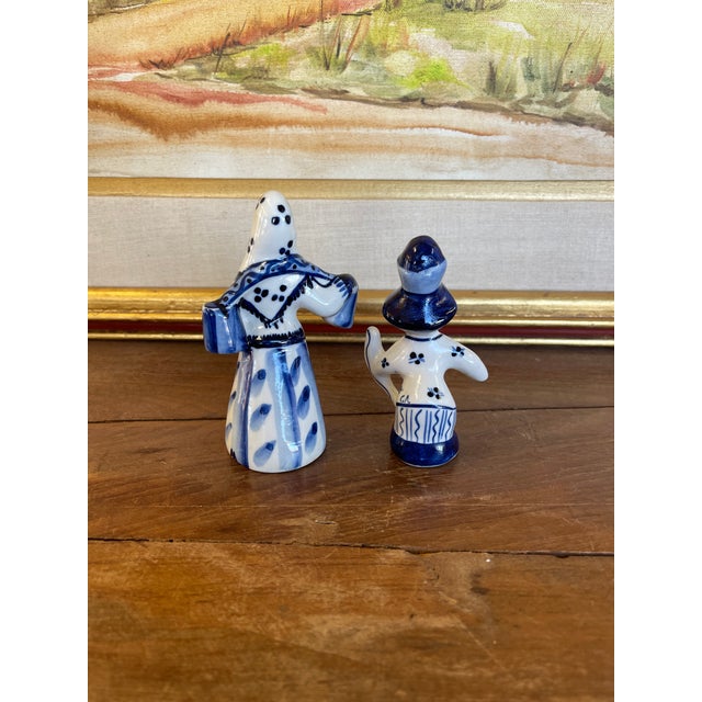 Vintage Blue and White Porcelain Figurine Pair, Hand-Painted Folk Figures For Sale - Image 4 of 10