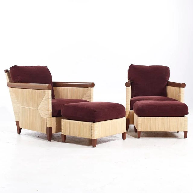 John Hutton for Donghia Merbau Collection Mahogany and Rattan Club Chairs with Ottomans - Pair Each chair measures: 30.25...