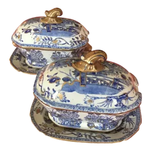 Antique Early 19th Century Mason's Patent Ironstone China Sauce Tureens & Platters - A Pair