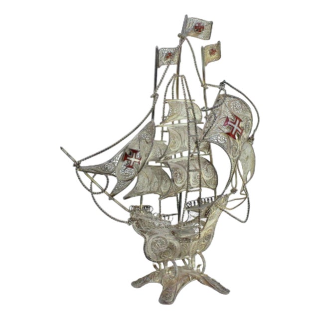 Silver Filigree Caravel with Enamelled Sails Crosses and Feet For Sale