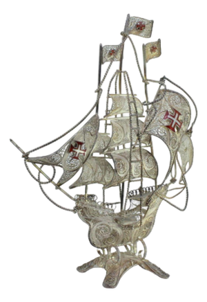 Silver Filigree Caravel with Enamelled Sails Crosses and Feet