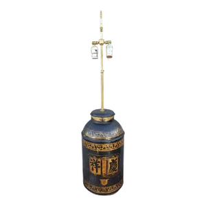 19th Century Parcel Gilt and Ebonized Weighted Tea Canister Dual Lights Lamp