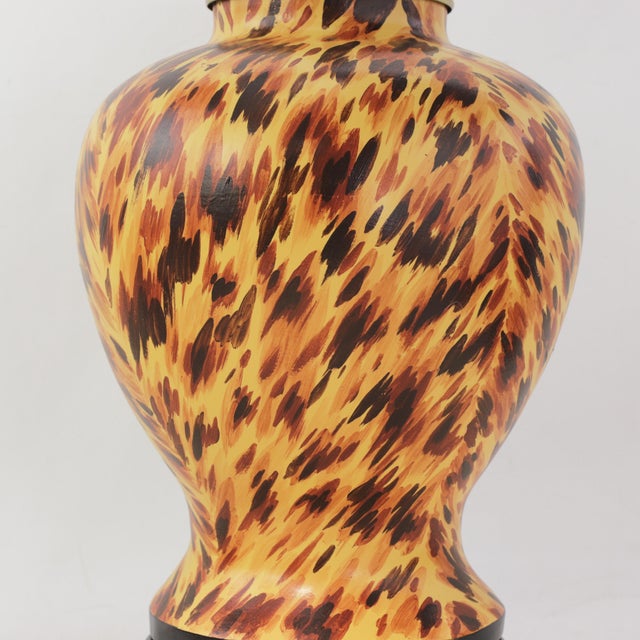 Pair of Vintage Hand Painted Yellow and Brown Tortoiseshell Pattern Porcelain Table Lamps With Wood Bases For Sale - Image 10 of 13