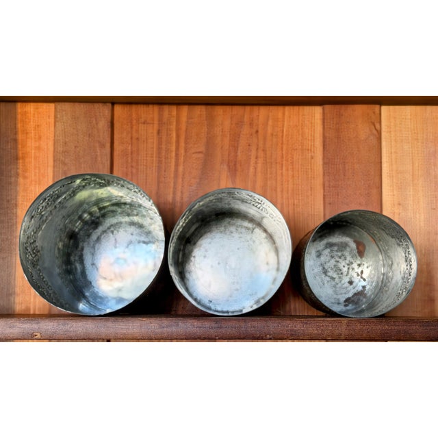 American Set of 3, Rare Antique Pennsylvania Primitive Canisters | Hand Punched Tinware For Sale - Image 3 of 12