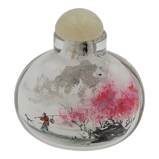 Vintage Chinese Inside-Painted Glass Snuff Bottle Fisherman & Pink Blossom Landscape For Sale