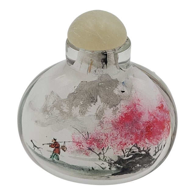 Vintage Chinese Inside-Painted Glass Snuff Bottle Fisherman & Pink Blossom Landscape For Sale