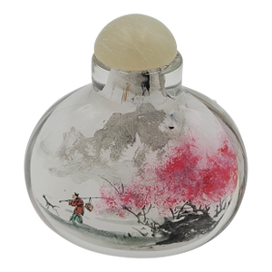 Vintage Chinese Inside-Painted Glass Snuff Bottle Fisherman & Pink Blossom Landscape