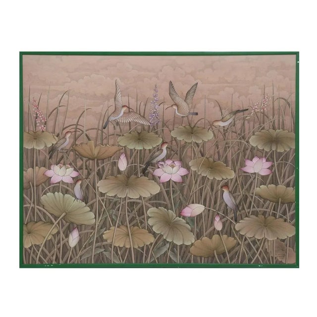 Fabulous framed painting on canvas featuring Birds and Lotus Flowers, signed lower right IDW NYM SURA Pengosekan Ubud,...
