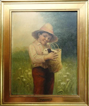 Circa 1900 "Boy with a Dog" Oil Painting by G. Bennet, Framed
