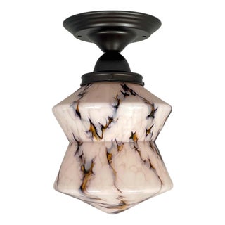 Art Deco Pale Rose Marbled Opaline Glass and Burnished Flush Mount, Germany, 1930s For Sale