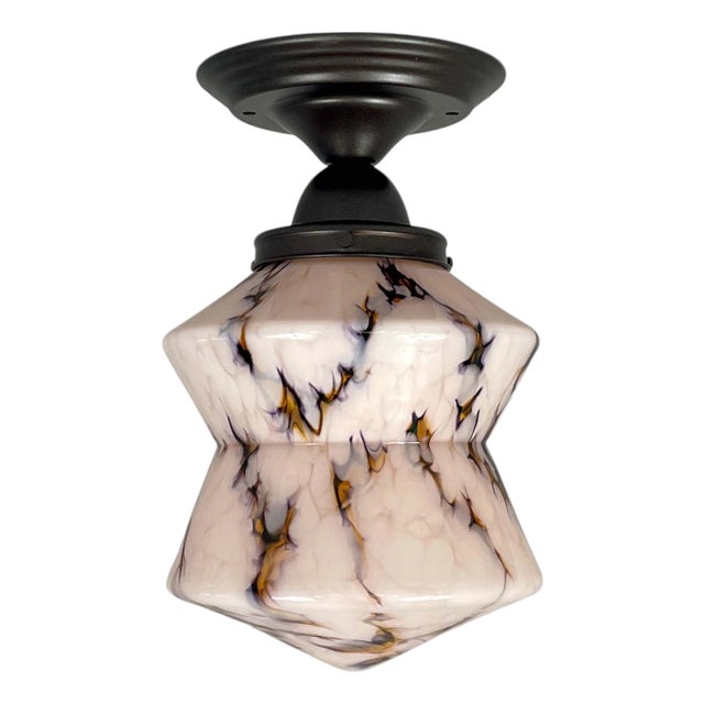 Art Deco Pale Rose Marbled Opaline Glass and Burnished Flush Mount, Germany, 1930s For Sale