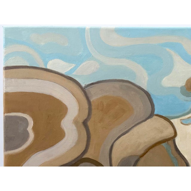 Abstract landscape of a path to the sea in shades of natural sandy colors with a robin's egg blue sky. Nancy’s Bio: Nancy...