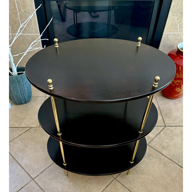 English Campaign Style Oval Wood & Brass 3-Tier Side Table For Sale - Image 4 of 18
