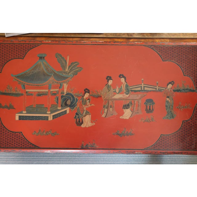 Vintage Far Eastern Furnishings Chinese Red Lacquer Court-Ladies Low Table Bench For Sale - Image 10 of 18